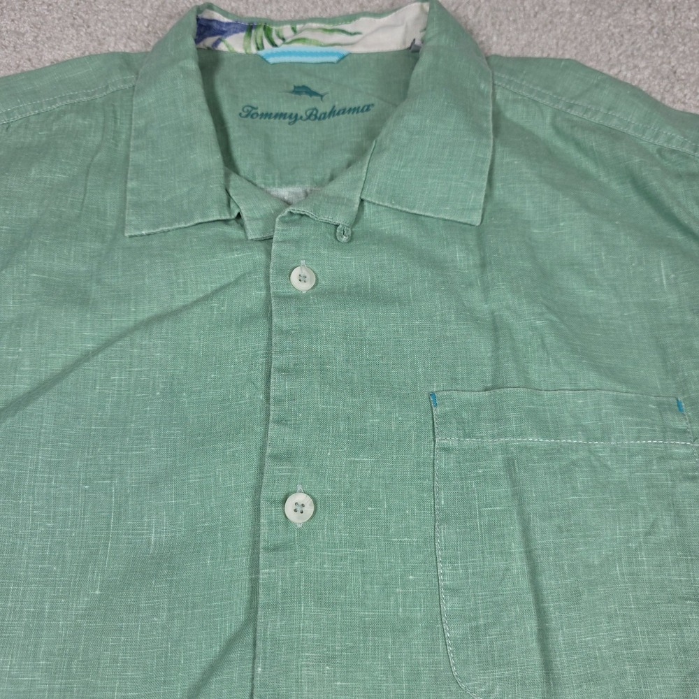 Tommy Bahama Shirt Mens Large Green Linen Short Sleeve Button Up Relaxed Camp